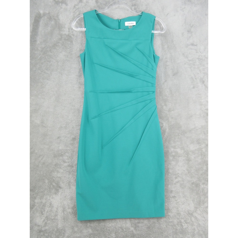 Calvin Klein Dress Womens Size 4 Teal Sheath Pleated Cocktail Fitted Career Zip